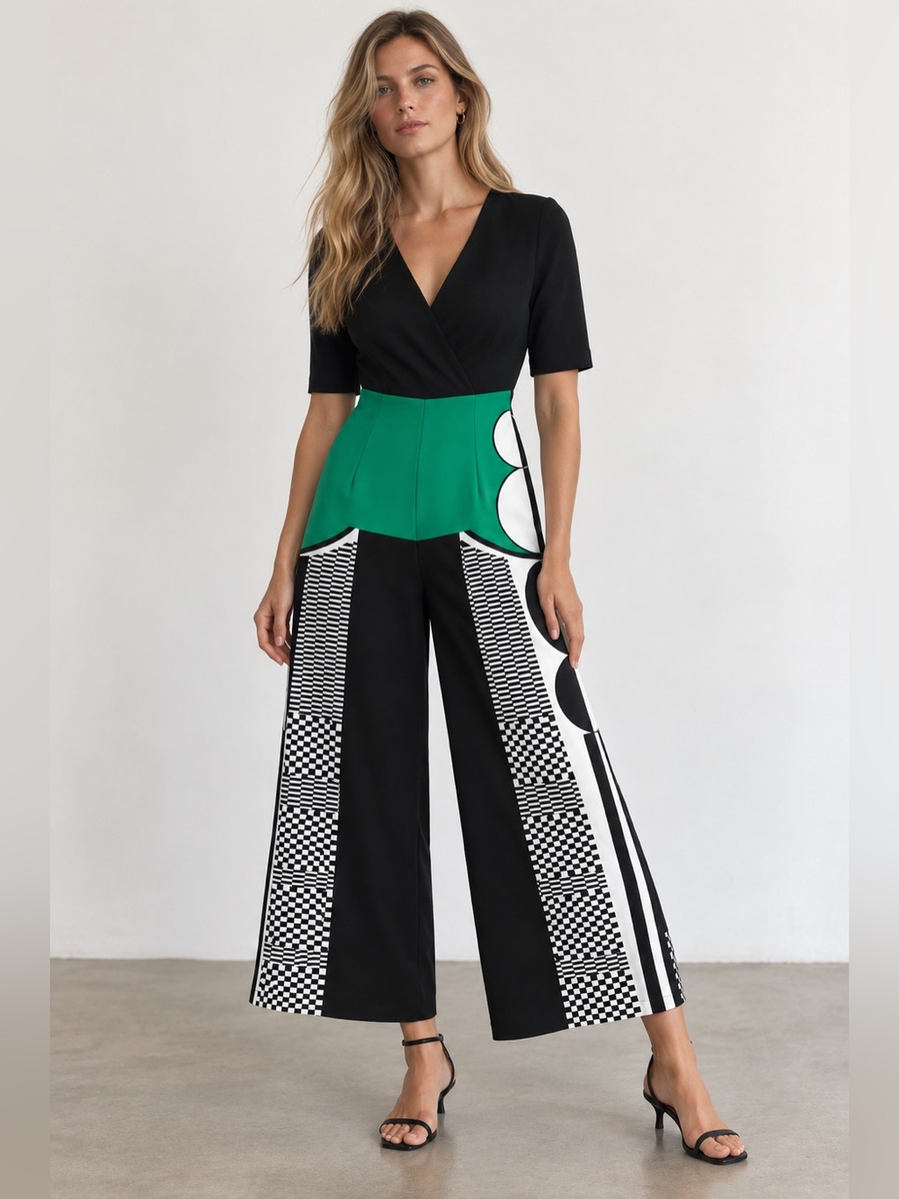 Rinascimento Made in Italy Graphic Wide Leg Jumpsuit Green Black M